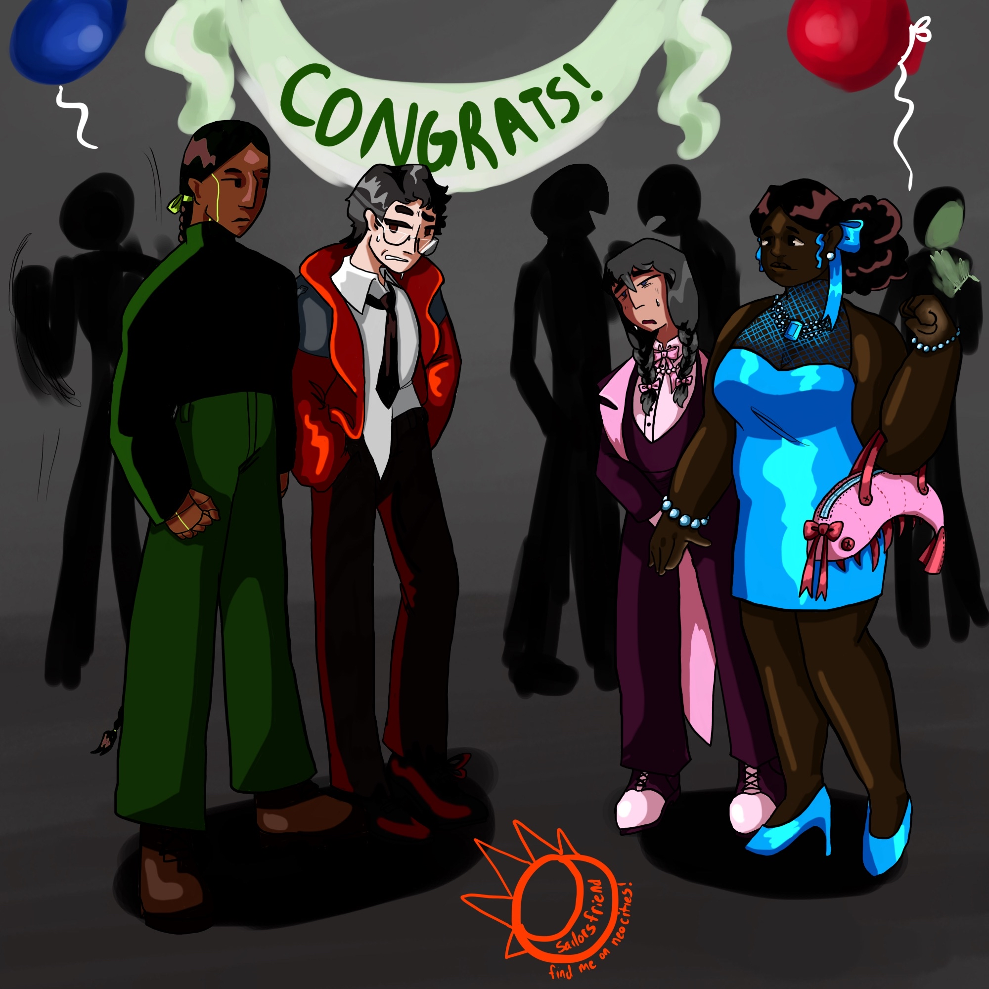 Four scientists in party clothing look extremely uncomfortable at the company party