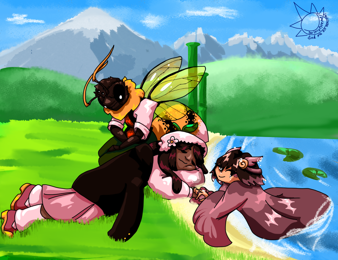 A painting of a girl sleeping in the grass, watched over by a mermaid and a humanoid bug.