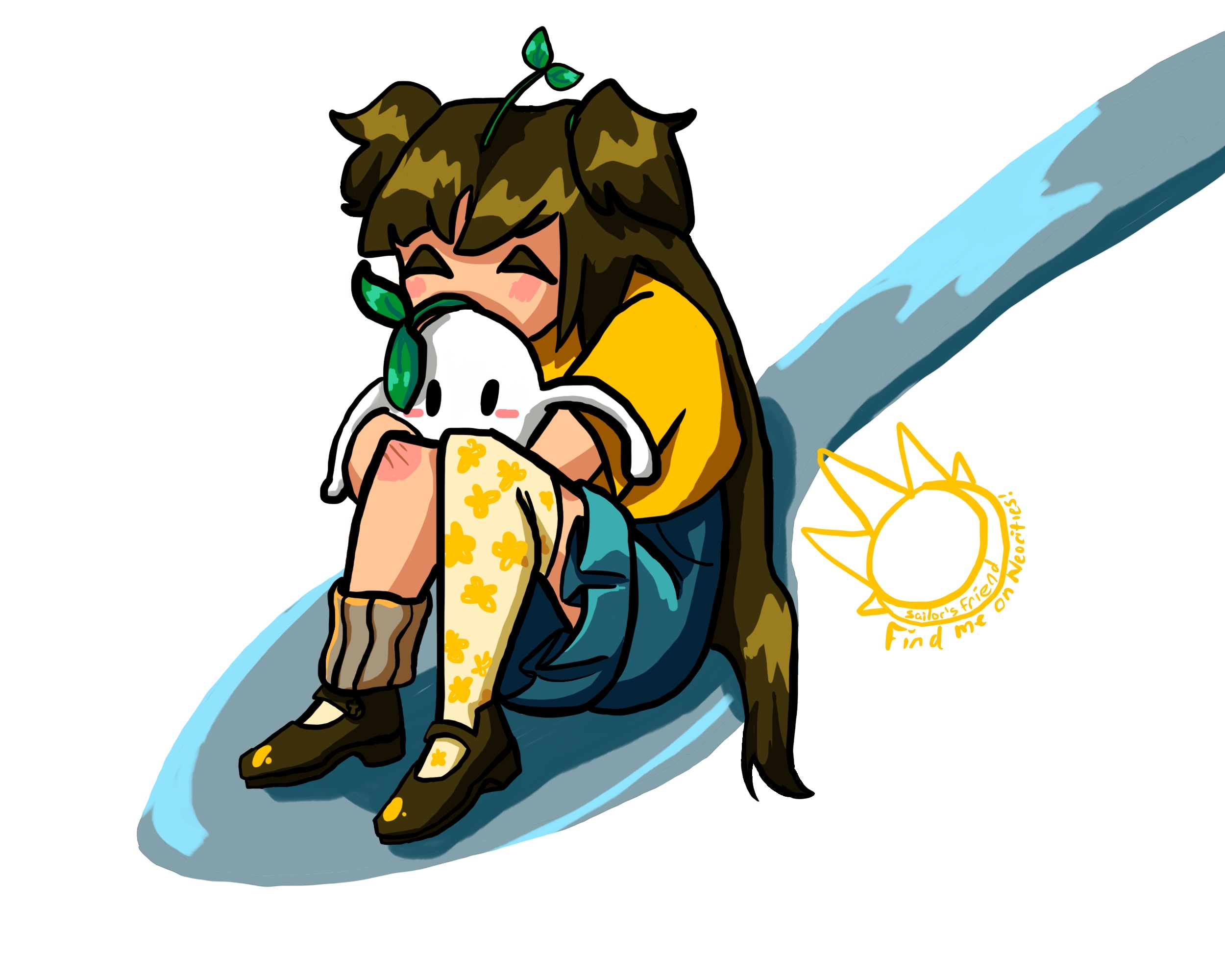 A young girl with a plushie sitting in a spoon