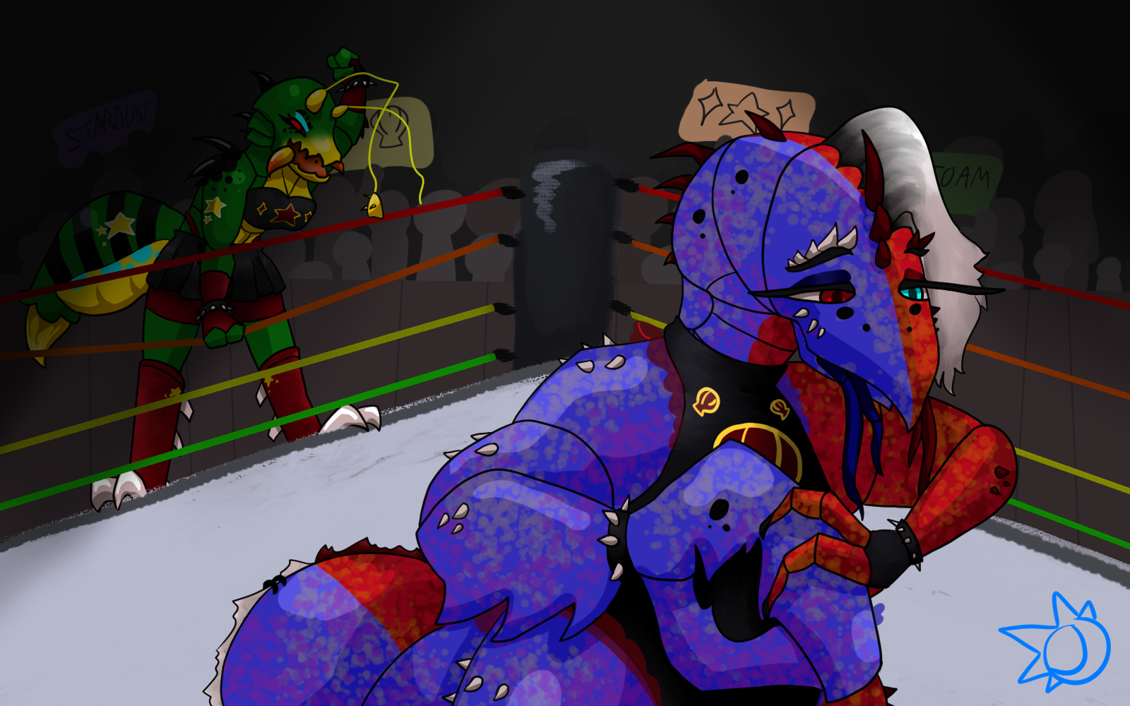 Two invertebrate anthro wrestlers are in a tag team. The katydid is standing on the ropes cheering her partner on, while the rock lobster has just been tagged in and is now approaching her opponent, who is offscreen. The lobster has one claw and one hand, and she has placed her claw in her hand in a threatening and cocky manner. The wrestler's costumes are based on the themes of Stardust and Seafoam.