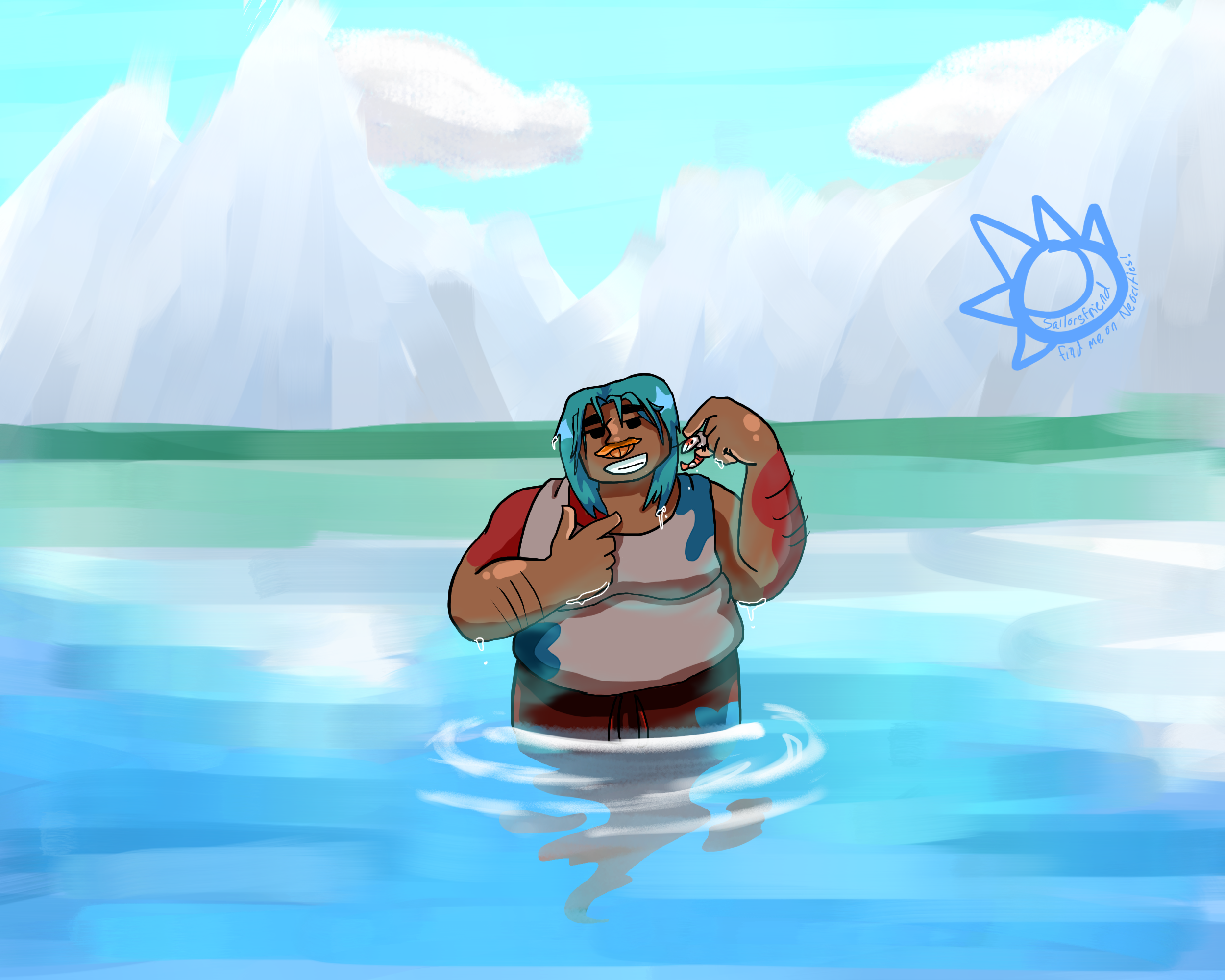 A man with a mushroom mustache standing in a lake holding a shrimp