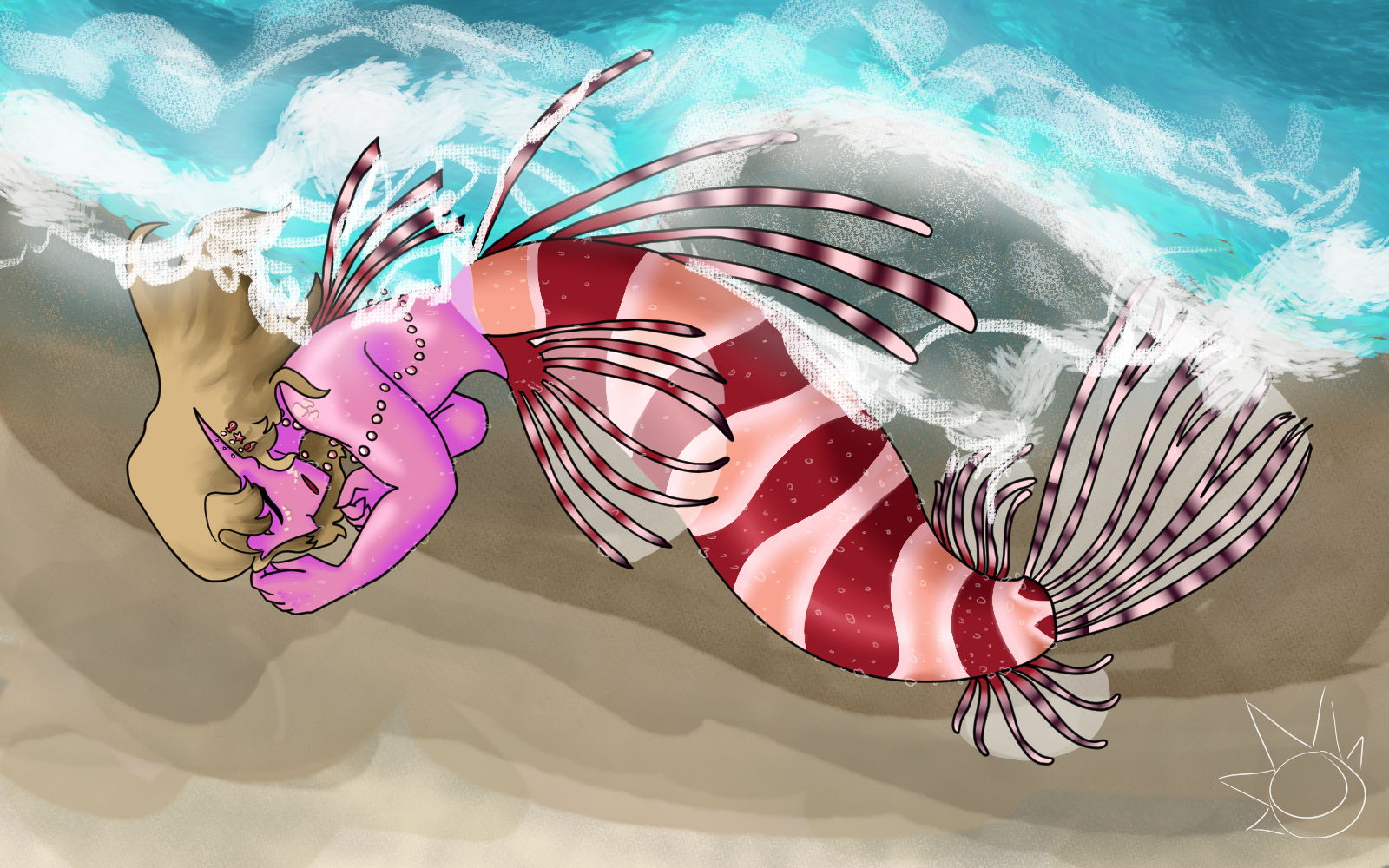 A mermaid based on the Lion Zebra Turkeyfish washed ashore, lapped gently by the waves.