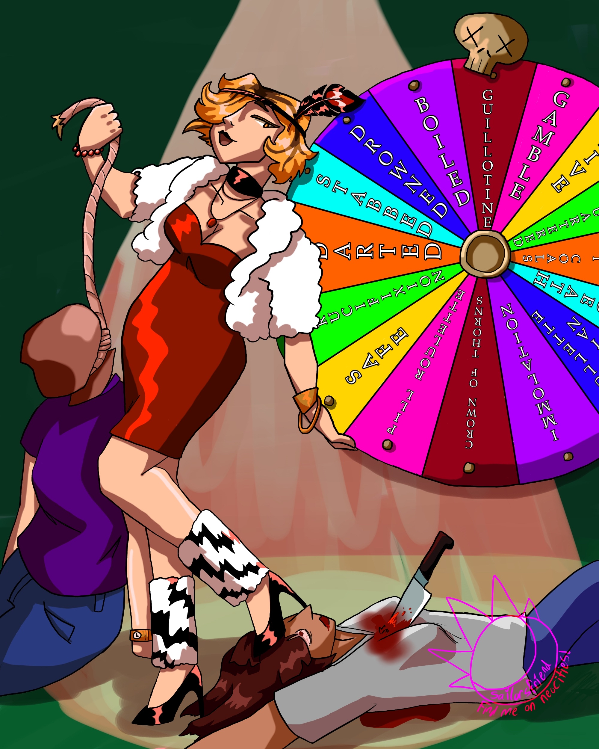 A woman hosting a Wheel of Fortune esque show, but all the wheel options are painful deaths