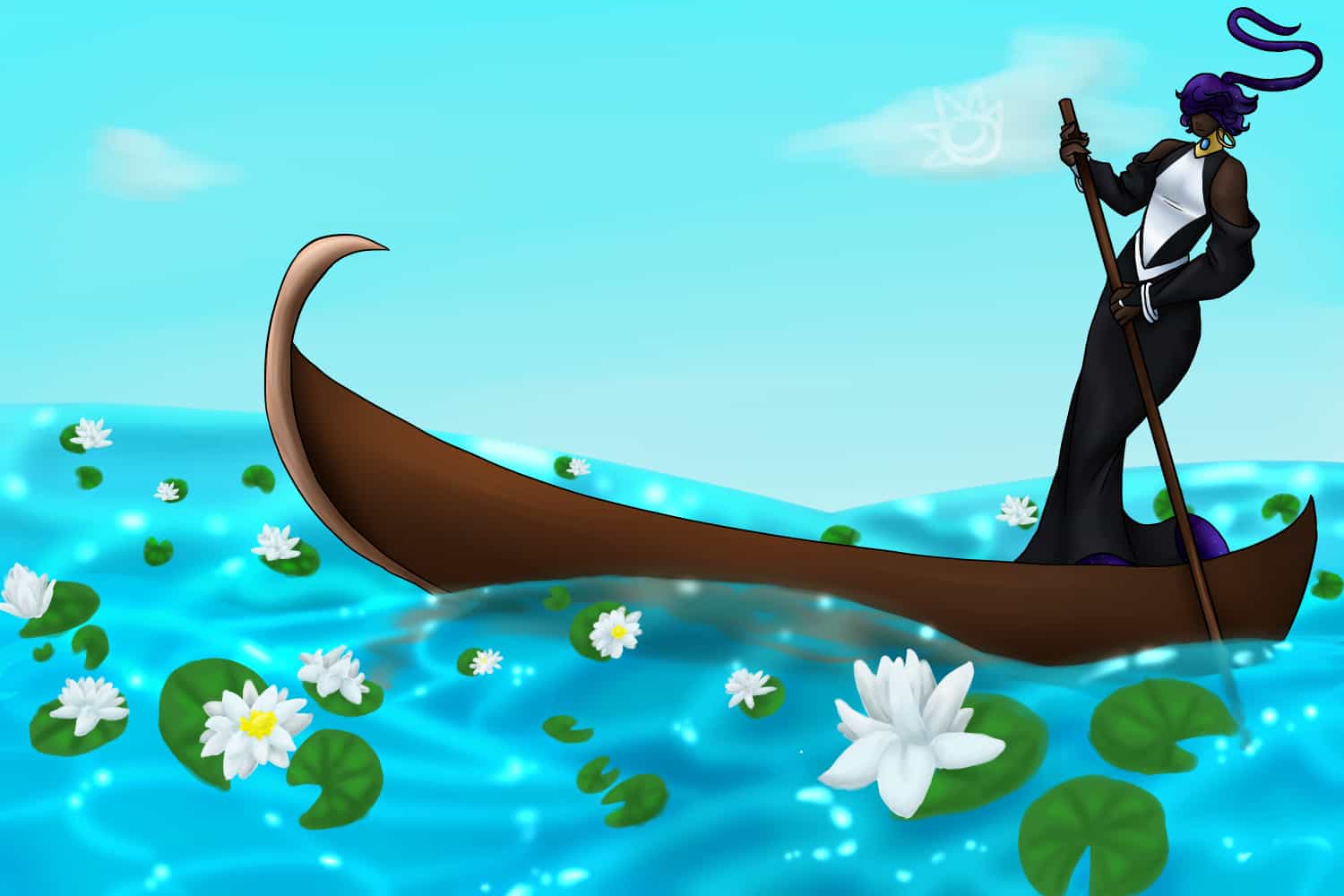 A man on a gondala in a lake full of lilies.