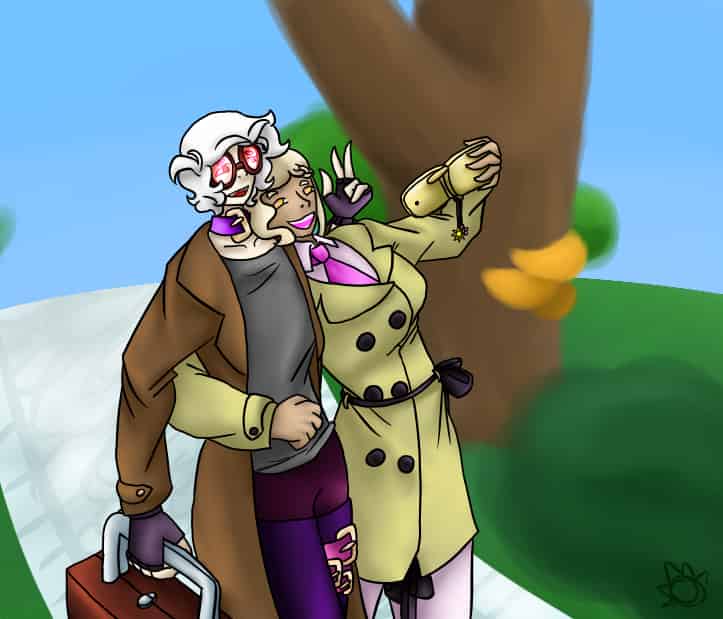 A man and a women in detective-esque outfits taking a selfie in a park. Rather than being the selfie itself, the picture is them holding out the phone to take it.