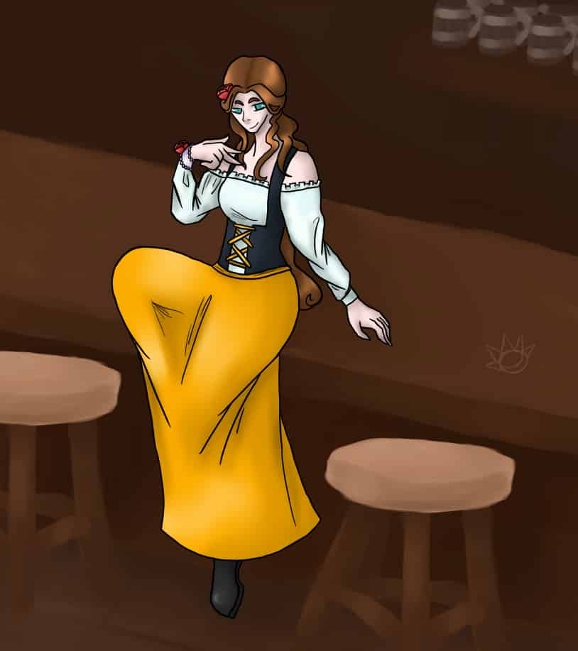 A woman sitting on a bar.