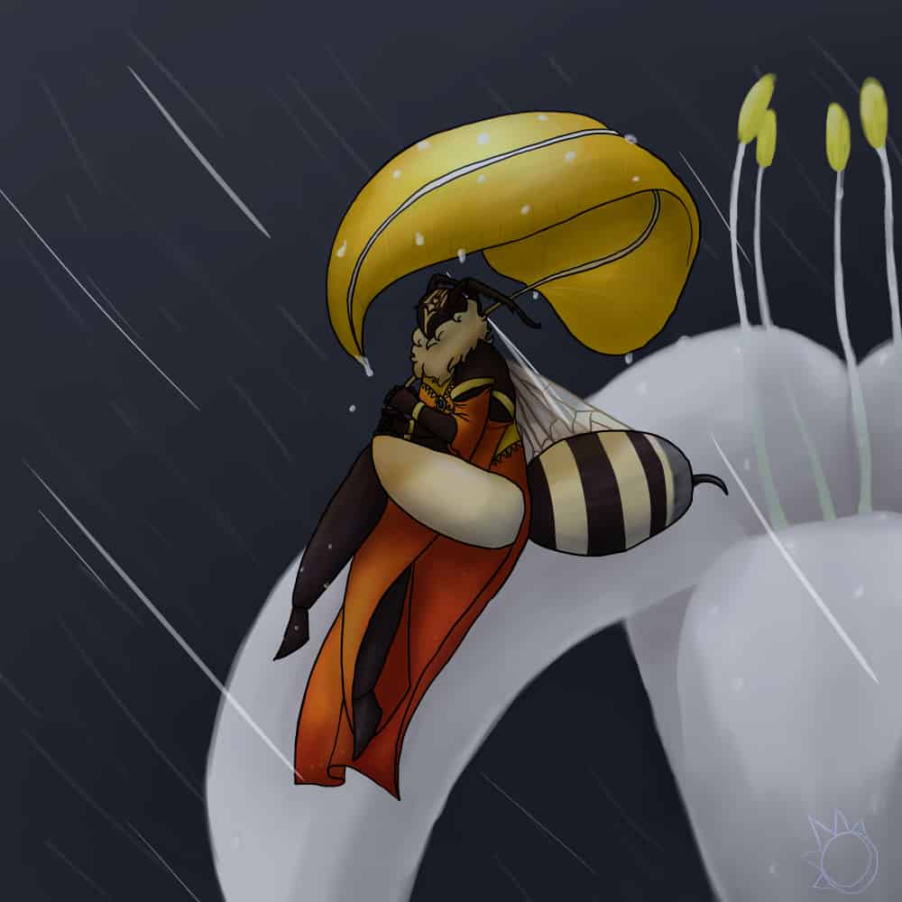 Anthro bee sitting on a flower in the rain with a leaf umbrella.