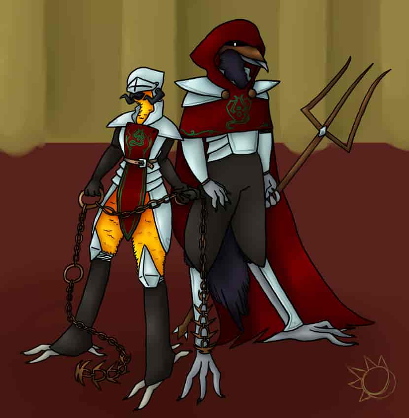 Two avian guards in armor. One resembles a parrot and is wielding a barbed chain, the other resembles a crow and wields a trident.