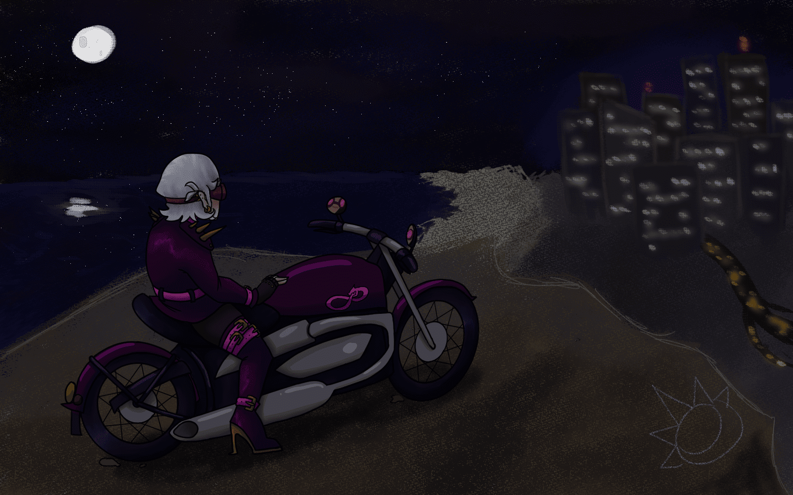 A person on a motorcycle gazing out at the city skyline at night.