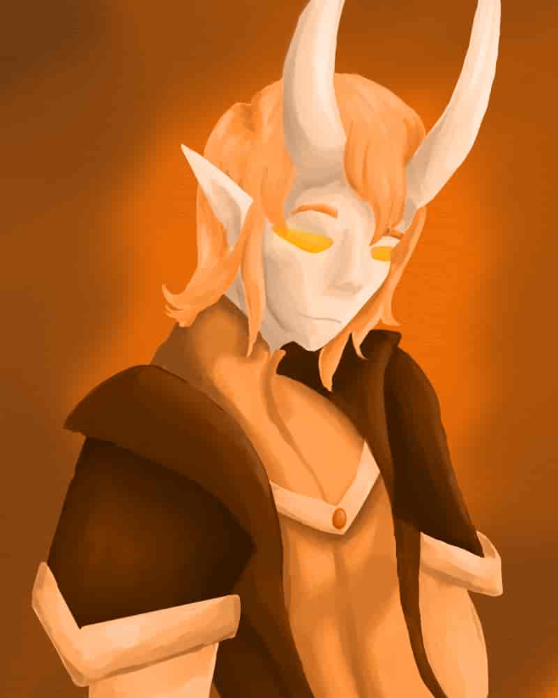 A painting of a demon wearing orange.