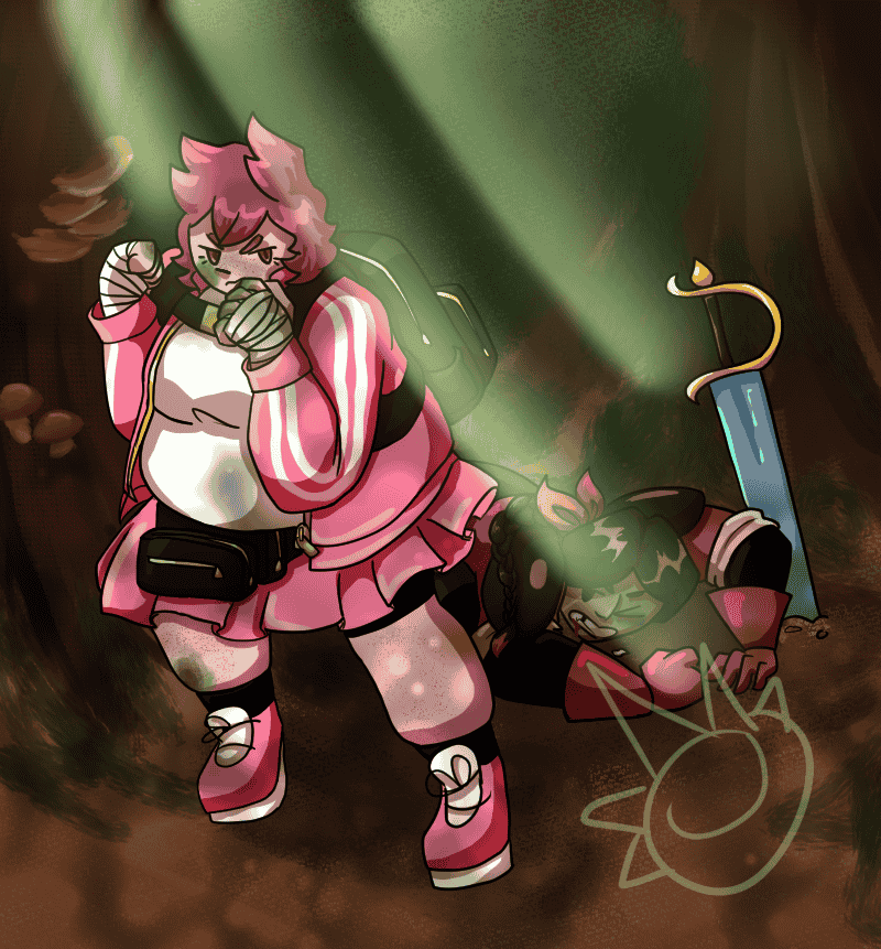 A kickboxer standing in defense of a downed fencer in a forest setting.