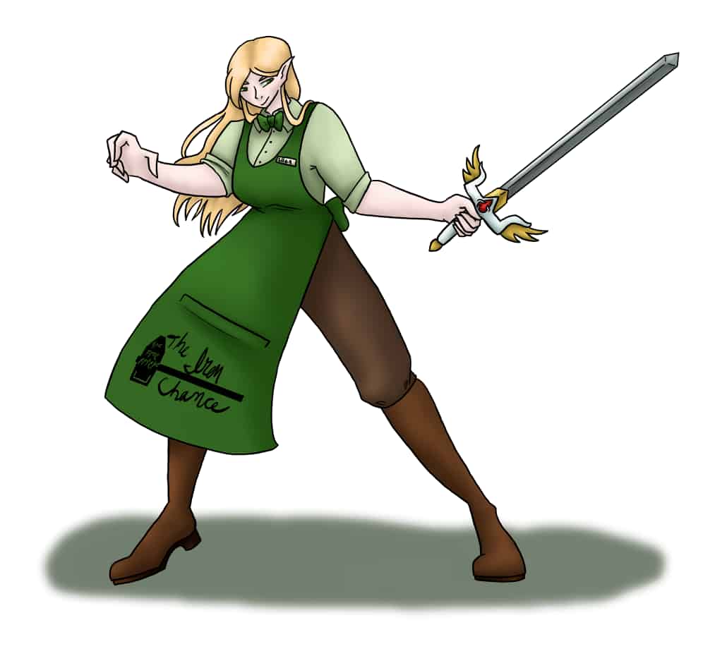 A woman in a blacksmith's apron wielding a fancy sword.