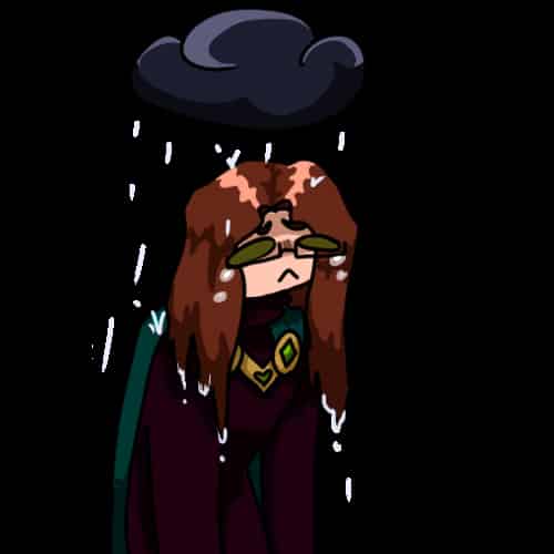 A sopping wet girl crying with a personal raincloud.