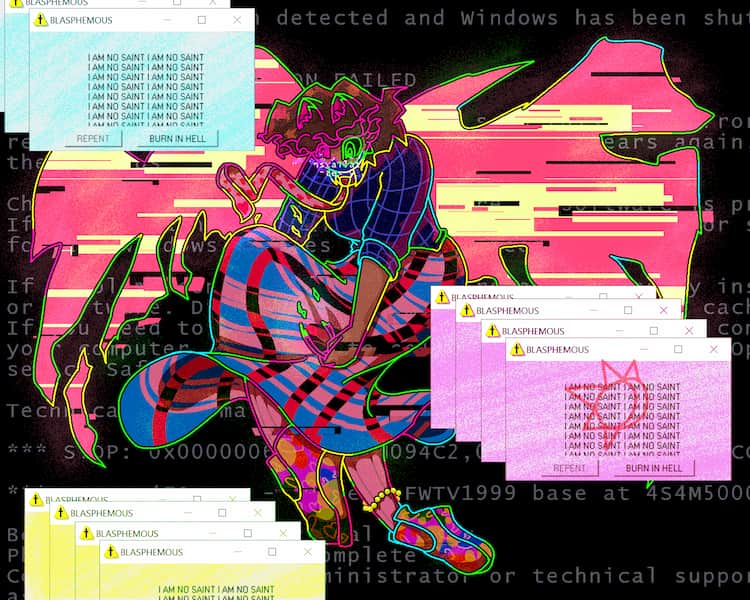 An eyestrain image of a personified computer virus, featuring various error messages.
