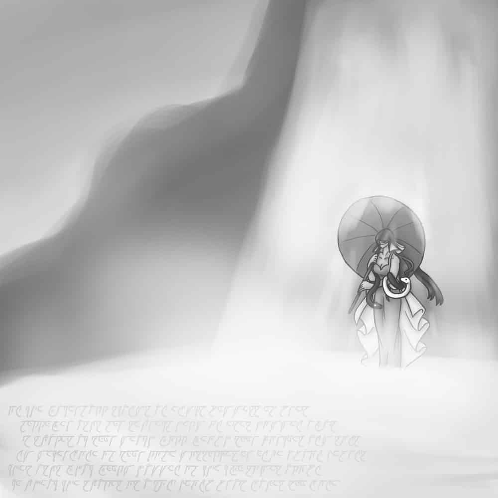 a greyscale image of a woman standing in a waterfall with a parasol.
