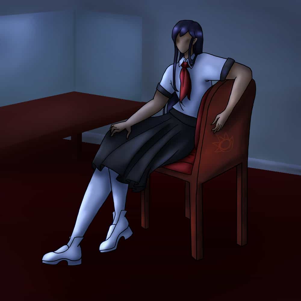 a nopperabo in a schoolgirl uniform sitting in a dark classroom.
