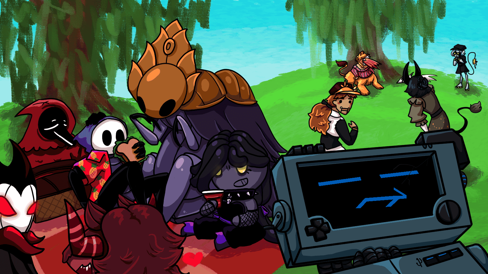 An array of fictional characters including two of my friend's OCs at a picnic.