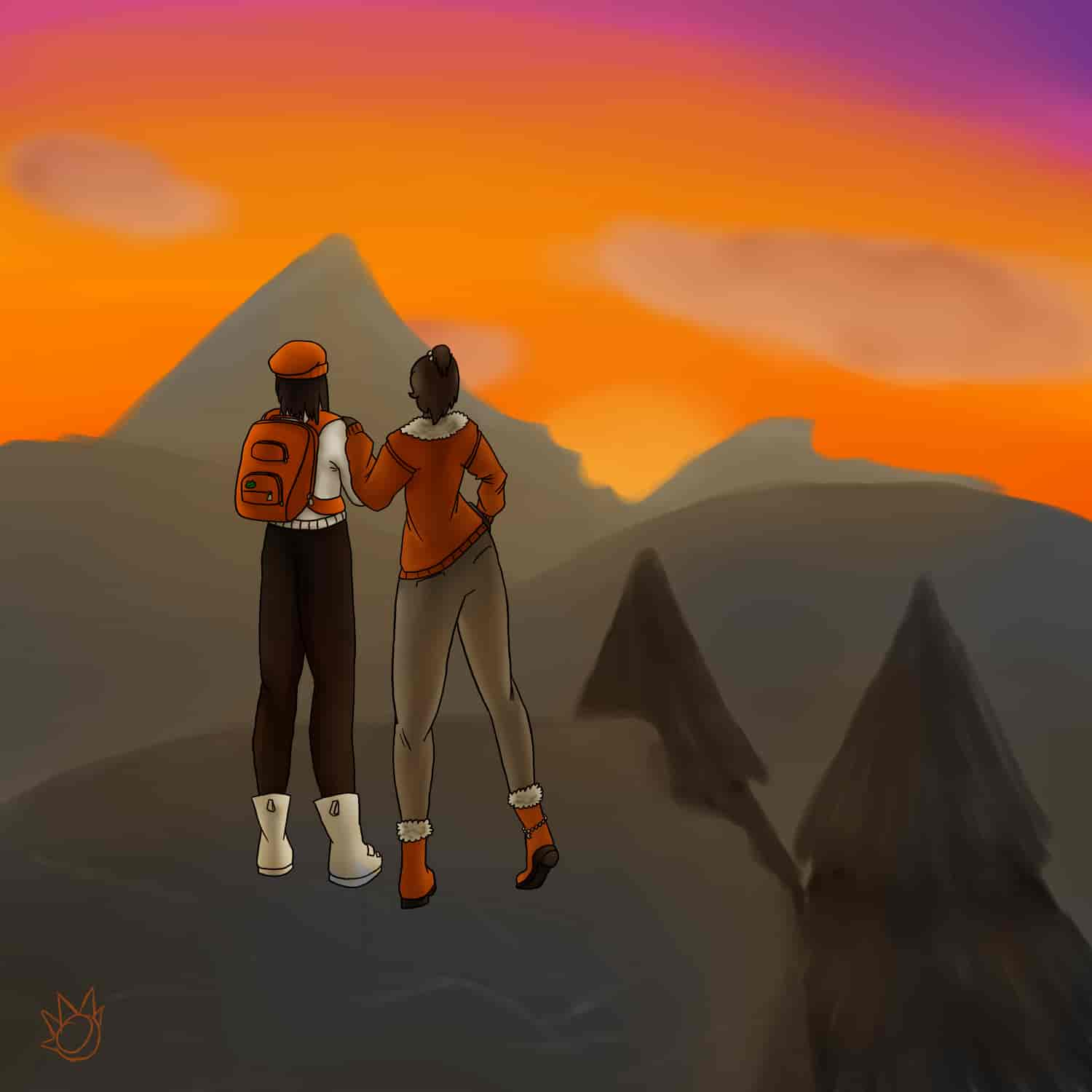 Two girls watching the sun set over the mountains.
