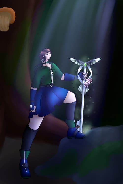 A woman holding a keyblade in a forest, standing in a moonbeam.