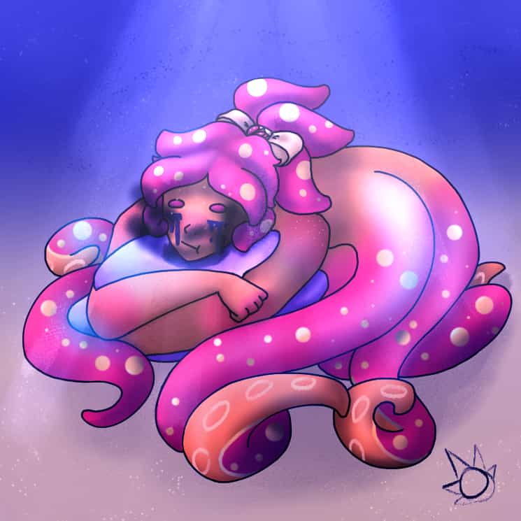 orange anthro octopus with pink undertentacles and hair tentacles, hugging a rock underwater.