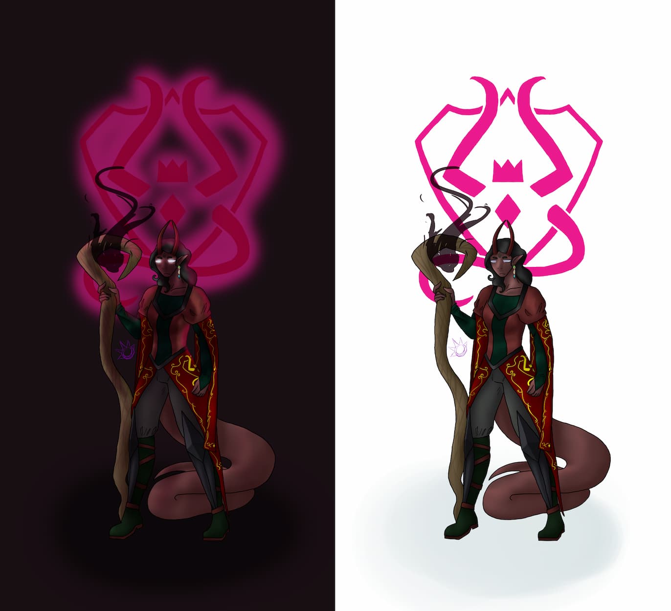 Two images of a tiefling woman and her noble crest, one with effects and one without.