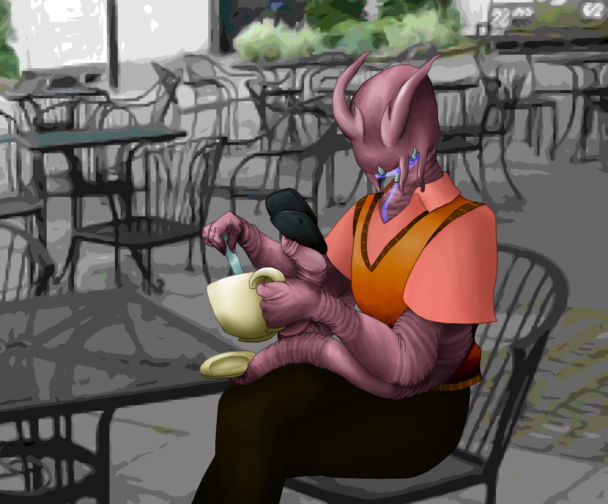 a simic hybrid resembling a hagfish sitting in a restaurant