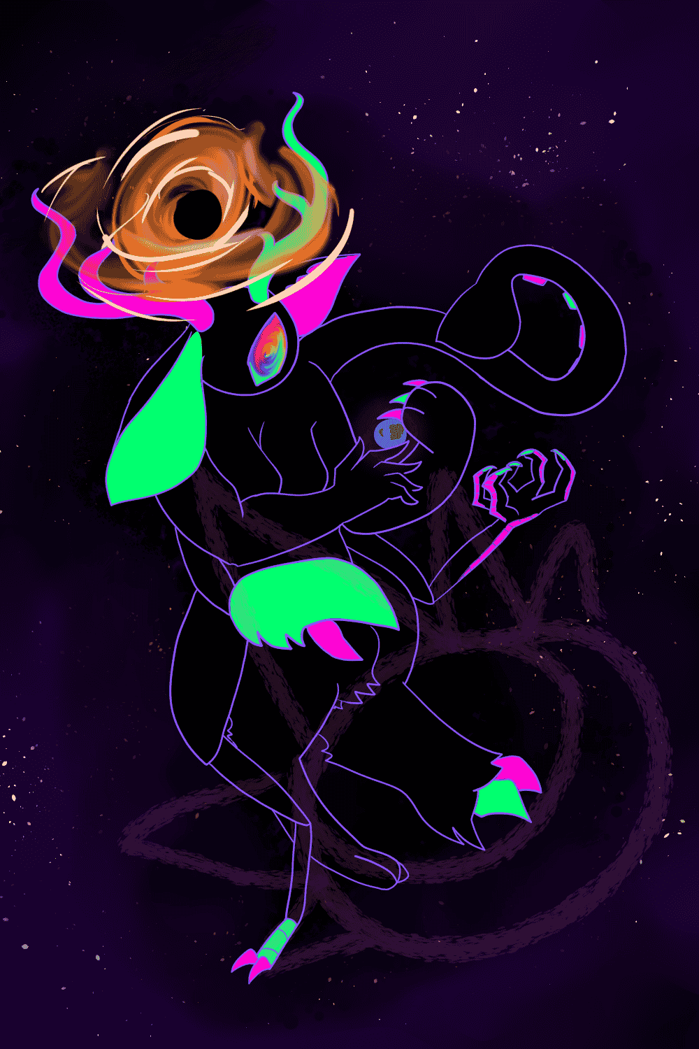 a starry being with multiple animal parts cradling the world.