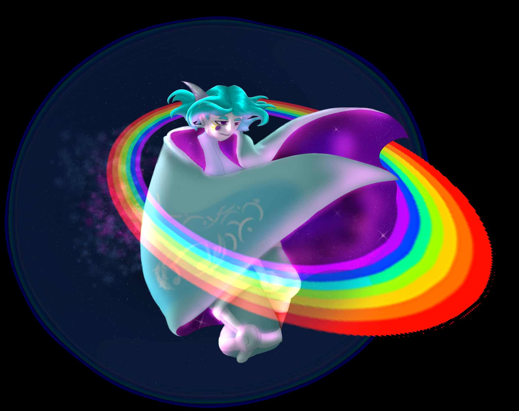 A man in a cloak surrounded by a rainbow.