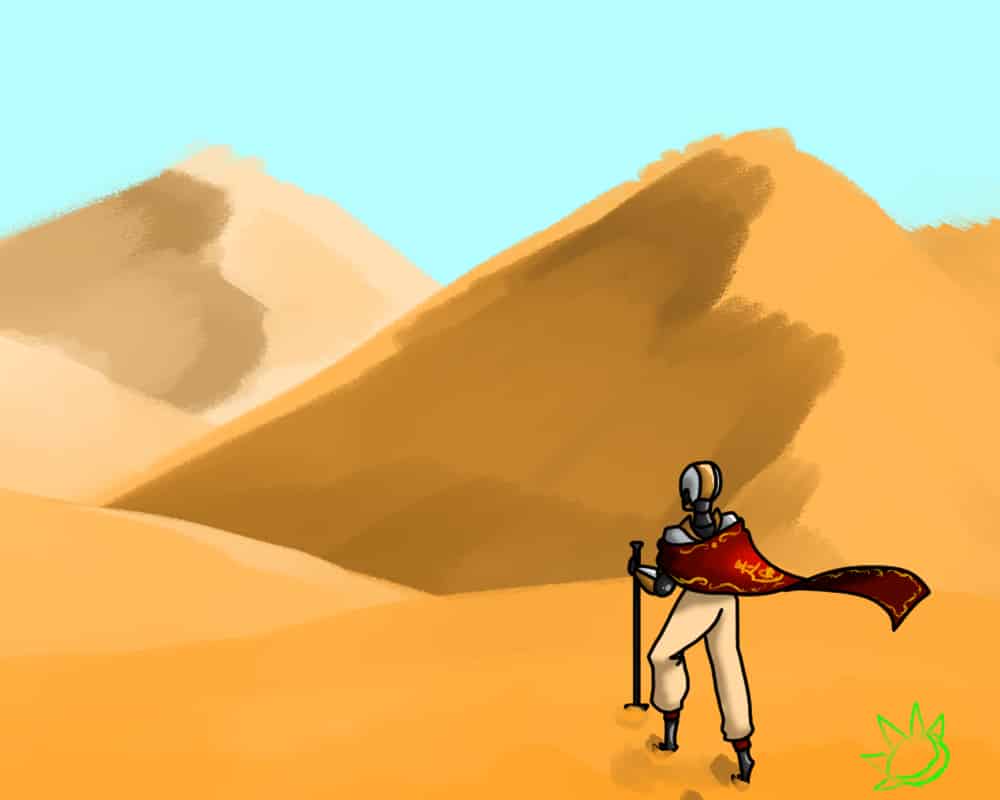 A warforged in a red cloak wandering the desert.
