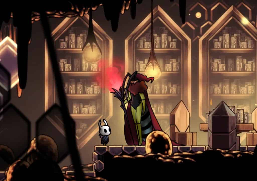 A fake Hollowknight screenshot featuring a Bembix Sand Wasp, clearly part of the Grimm Troupe and wearing a mirror for a mask.