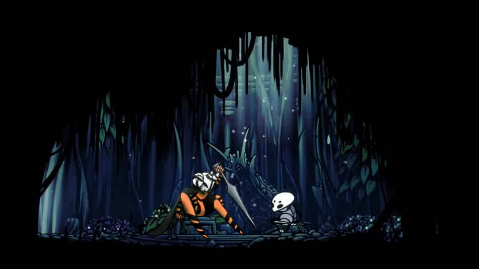 A fake Hollowknight screenshot featuring an Assassin bug with an elaborate mask sitting with Quirrel.