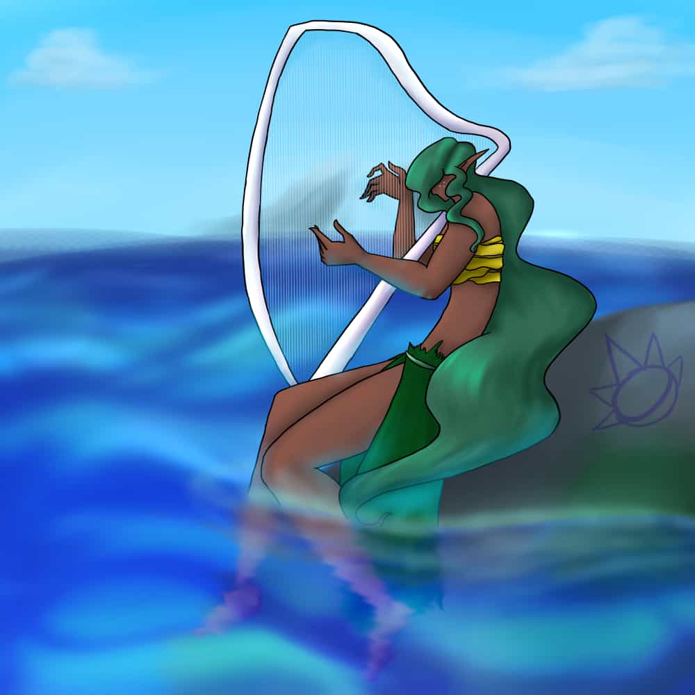 A woman wearing seaweed playing a harp in the middle of the ocean.