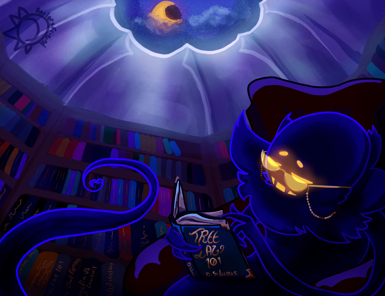 Snatcher from A Hat in Time reading a book about tree law in a moonlit library