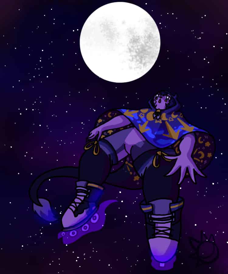 An anthro with a starry cloak and rollerblades floats in the night sky beneath a full moon.