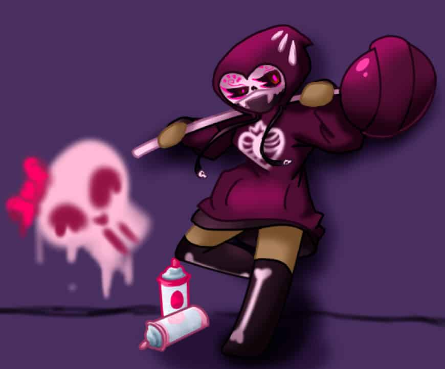 Strawberry Cookie in a purple and skeleton-themed costume.