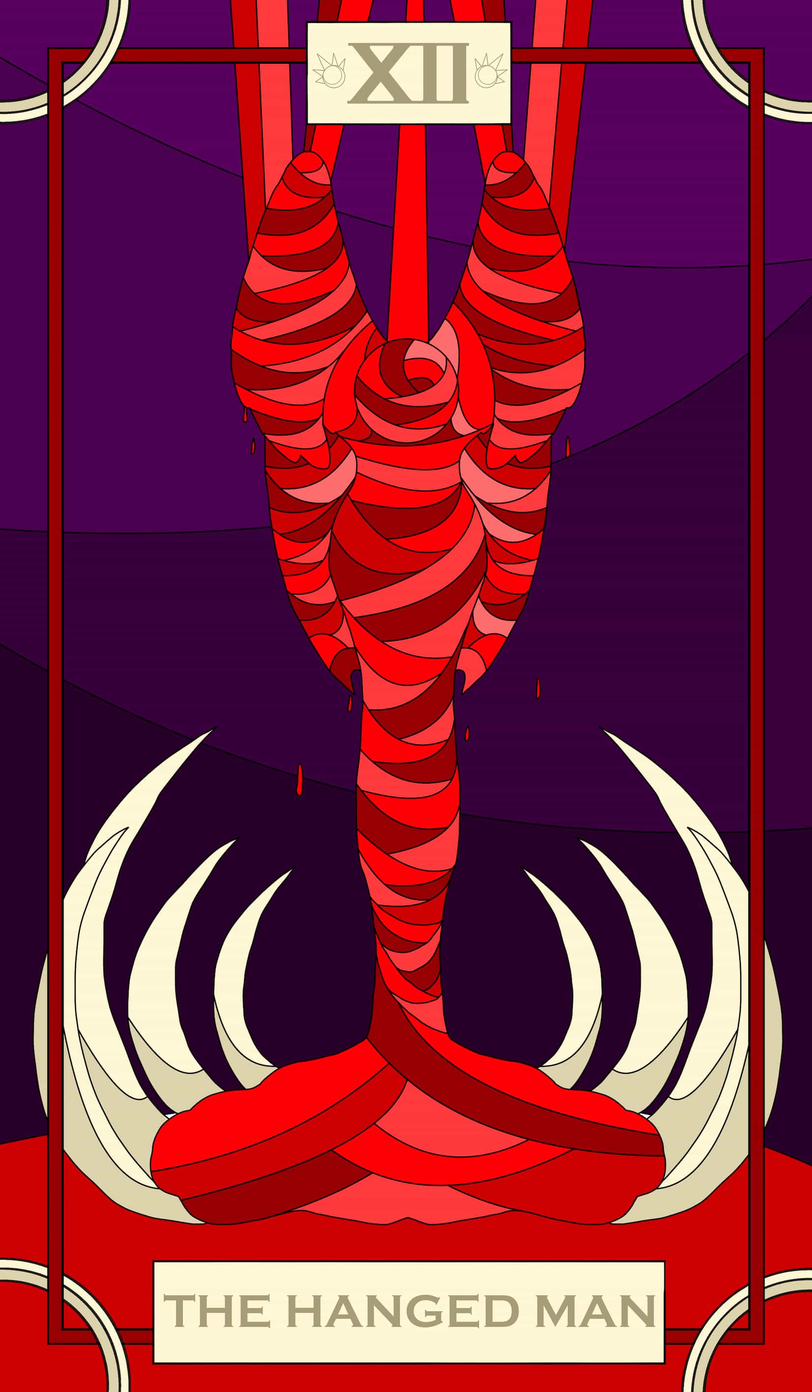 A tarot card depicting a God bound in blood vessels suspended over ribs and gore