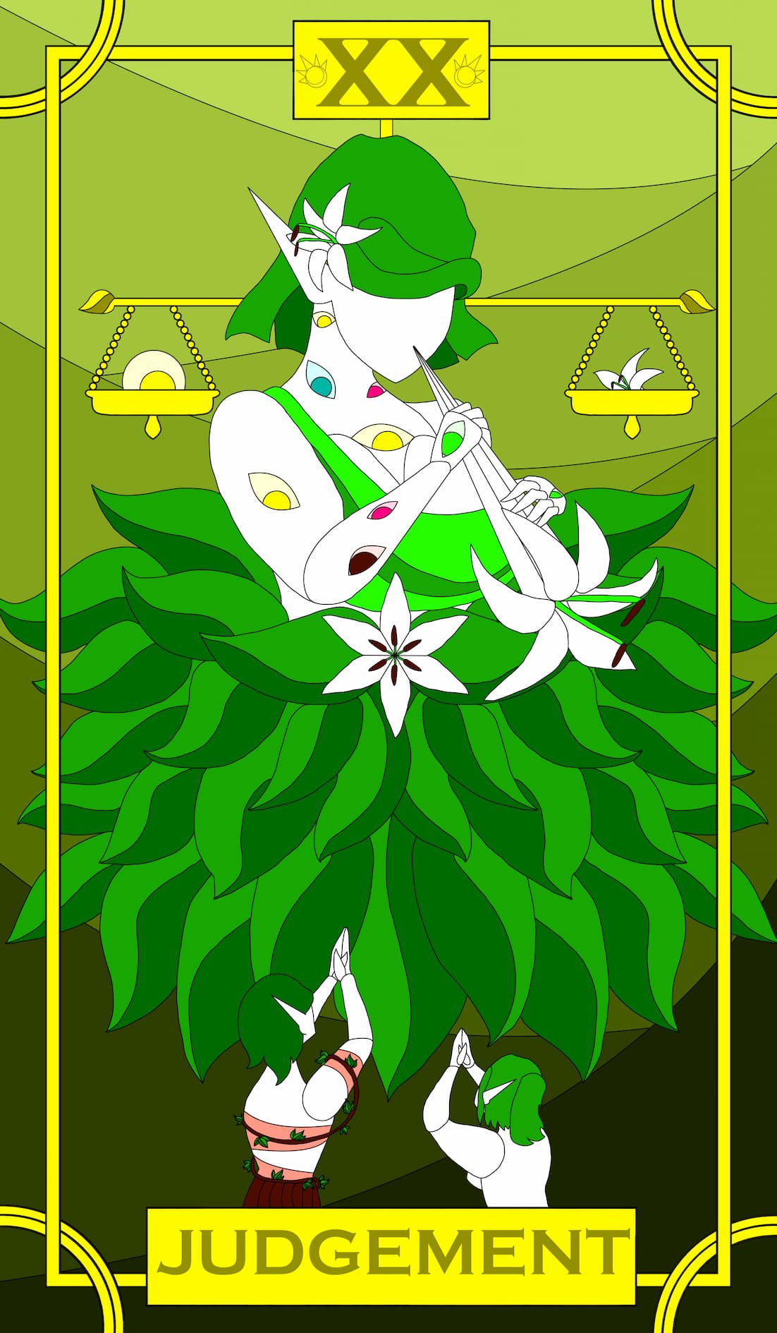 A God of a thousand eyes using a white lily as a trumpet. Her two avatars reach out to her.