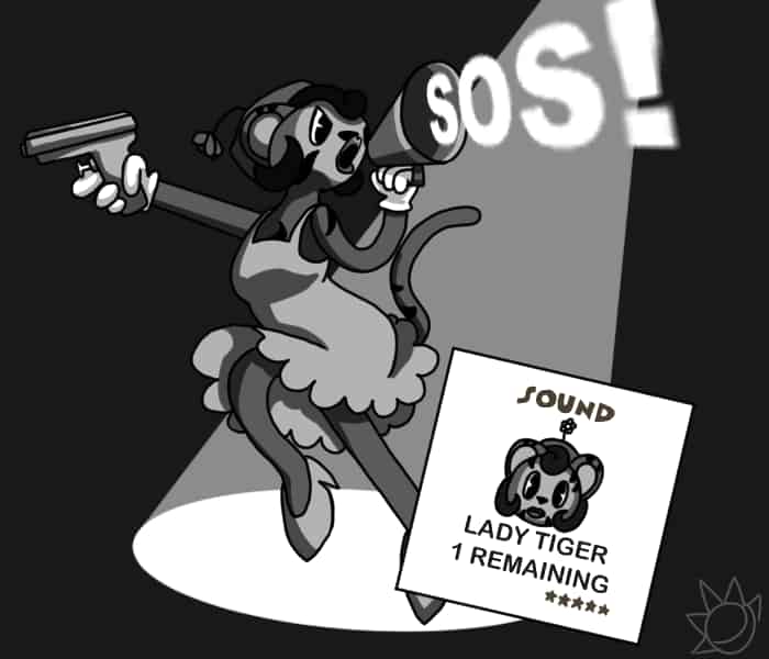 A black and white rubberhose Toon Tiger, featuring an SOS card from the game. She wields both a megaphone and a water pistol.