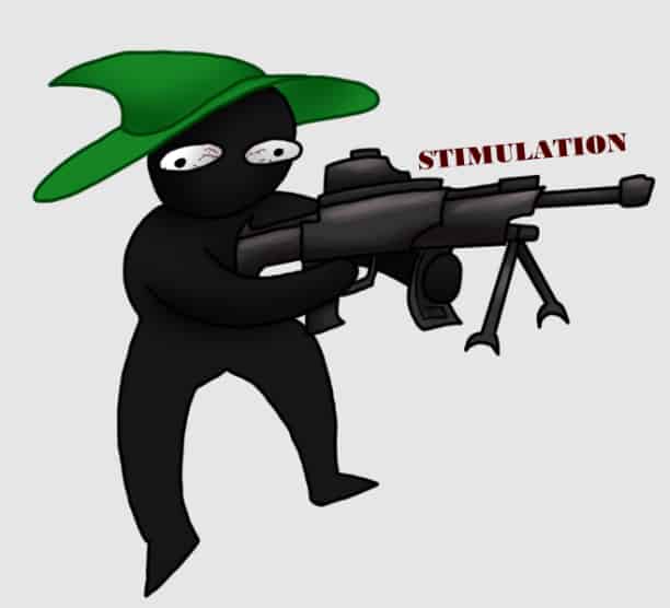 Lonely Wizard from Inscryption holding a machine gun with the caption 'STIMULATION'