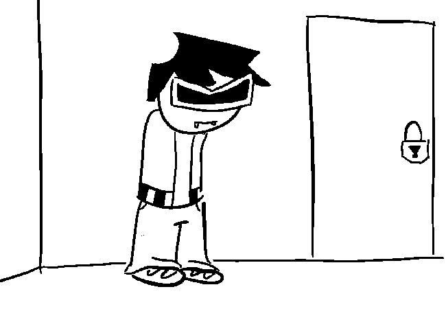 The protagonist of Visordweeb, standing in a room with a door.
