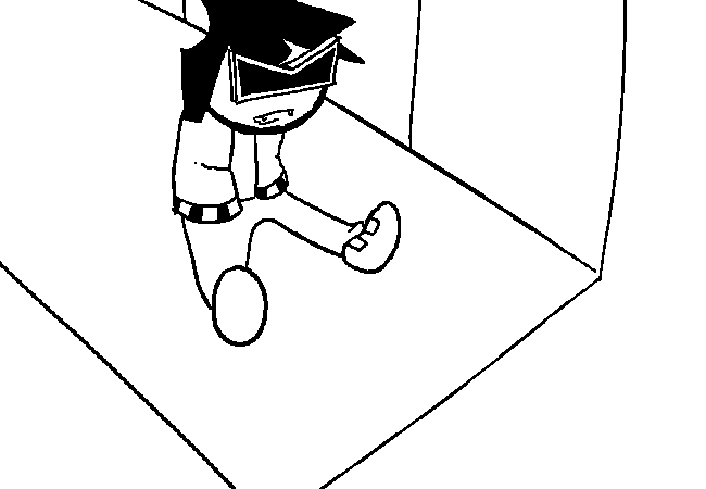 VisorDweeb sitting in the hallway looking confused.