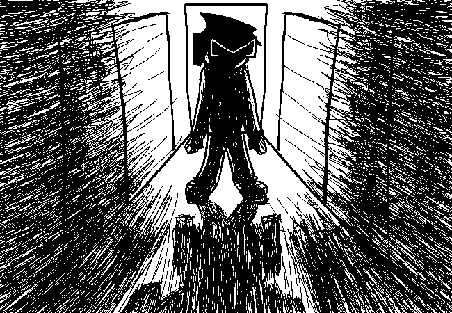 VisorDweeb standing in the hallway, now ominously dark without night vision activated.