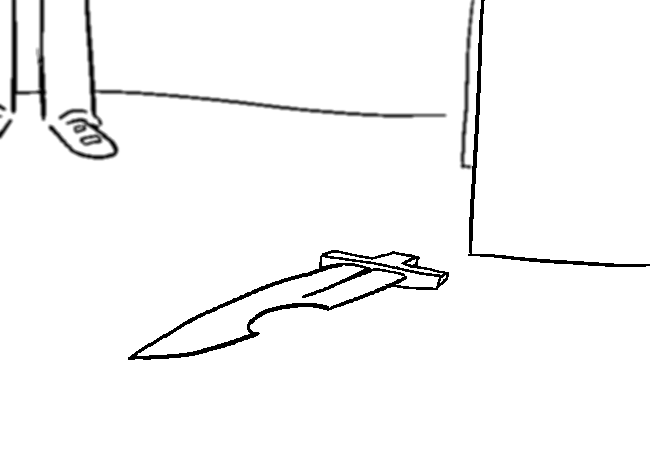 the KNIFE laying on the floor, with VisorDweeb standing across the room.