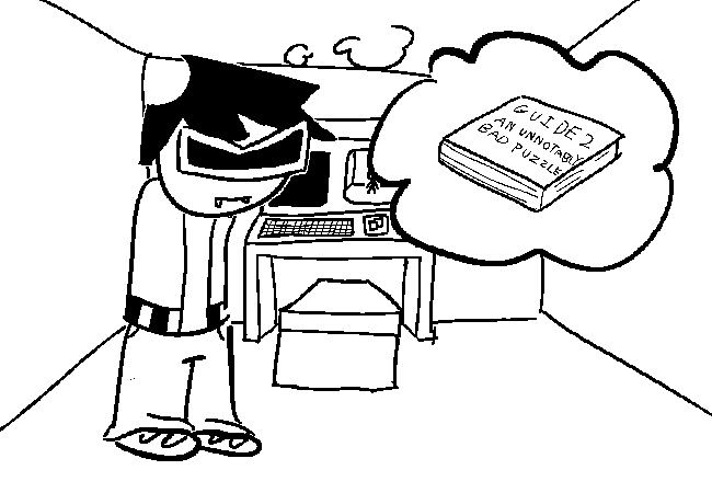 VisorDweeb thinking about if there was a guidebook to an unnotably bad puzzle, but knowing that there is not.