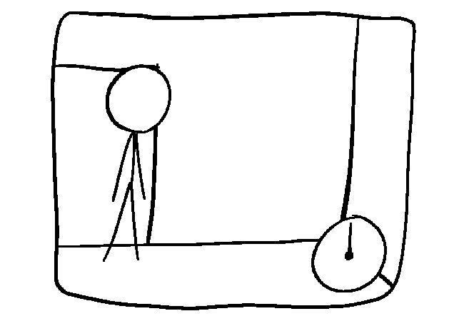 The Stickfigure trying to pick up the door, to the obvious failure that everybody expected.
