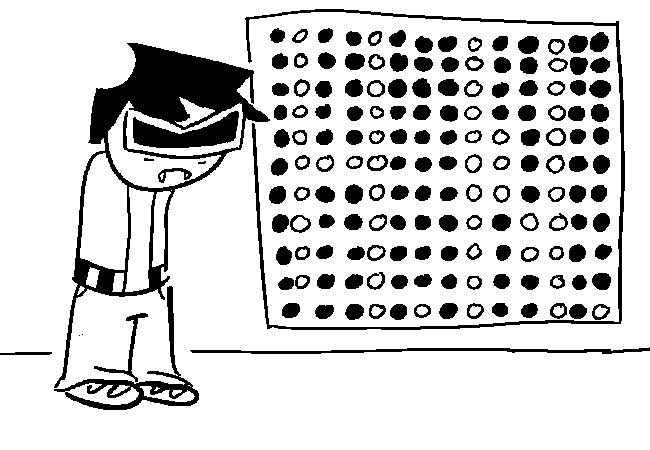 VisorDweeb, visibly exhausted, standing next to the button panel with all buttons inverted from their previous state.