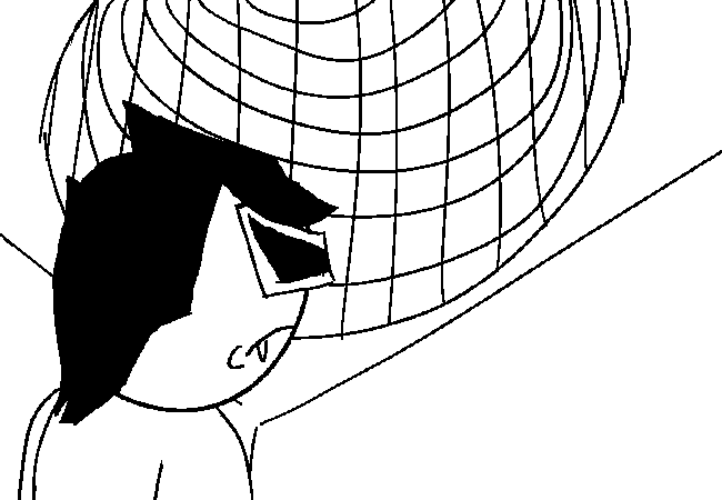 VisorDweeb looking up at the hole in the ceiling that has a grid pattern on its walls.
