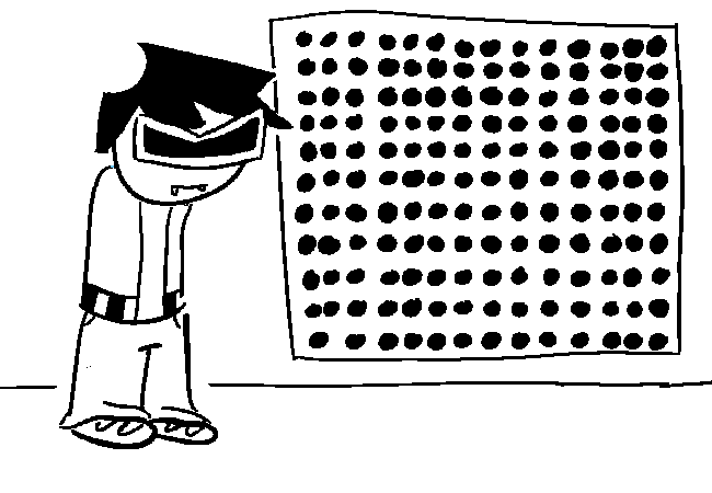 VisorDweeb standing next to the button panel with all of them now pushed.