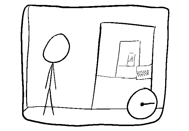 The stick figure standing next to a door that has some sort of creature in the room through it.