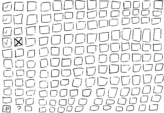 Same image as above but with 4 checkmarks for the confirmed safe rooms and one X on the room with the thing in it.